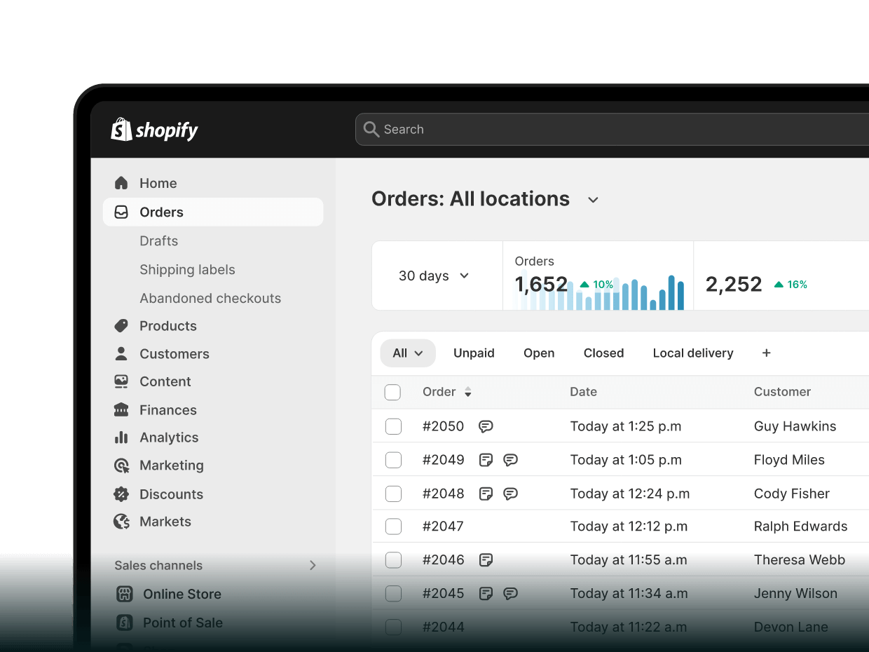 Interactive animation of Shopify admin that lets you explore all the sections: Orders, Products, Customers, Content, Finances, Analytics, Marketing, Discounts, Markets